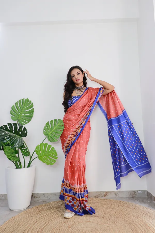 HANDICRAFT_WOMEN'S_Ikkat_PRINT_PURE_SOFT_COTTON_SAREE_WITH_BLOUSE_PIECE_With_Blouse_Piece